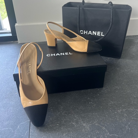 Authentic Chanel beige and black slings sling back heels